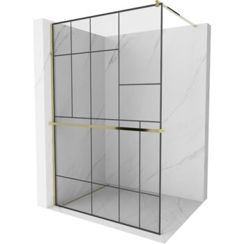 Mexen Kioto+ ścianka prysznicowa z półką i relingiem 120 x 200 cm, transparent/czarny wzór 8 mm, złota - Mexen