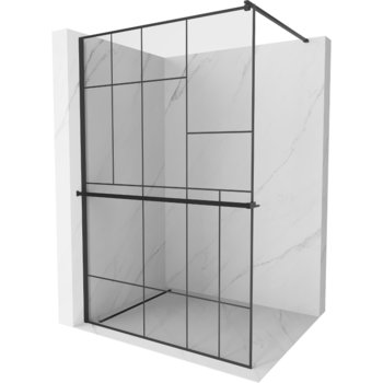 Mexen Kioto+ ścianka prysznicowa z półką i relingiem 130 x 200 cm, transparent/czarny wzór 8 mm, czarna - Mexen