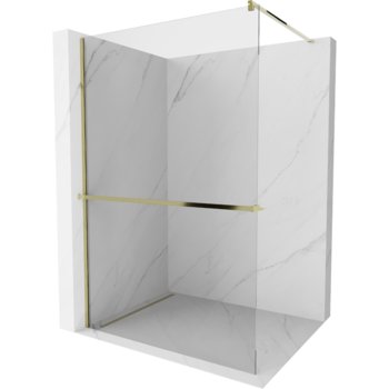 Mexen Kioto+ ścianka prysznicowa z półką i relingiem 70 x 200 cm, transparent 8 mm, złota - Mexen