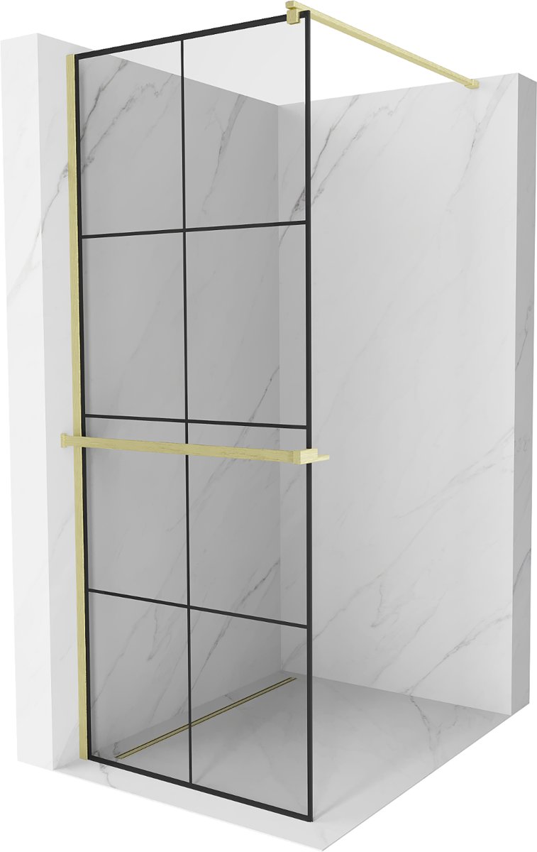 Mexen Kioto+ ścianka prysznicowa z półką Walk-in 70 x 200 cm, czarna kratka, złota szczotkowana - 800-070-121-55-77