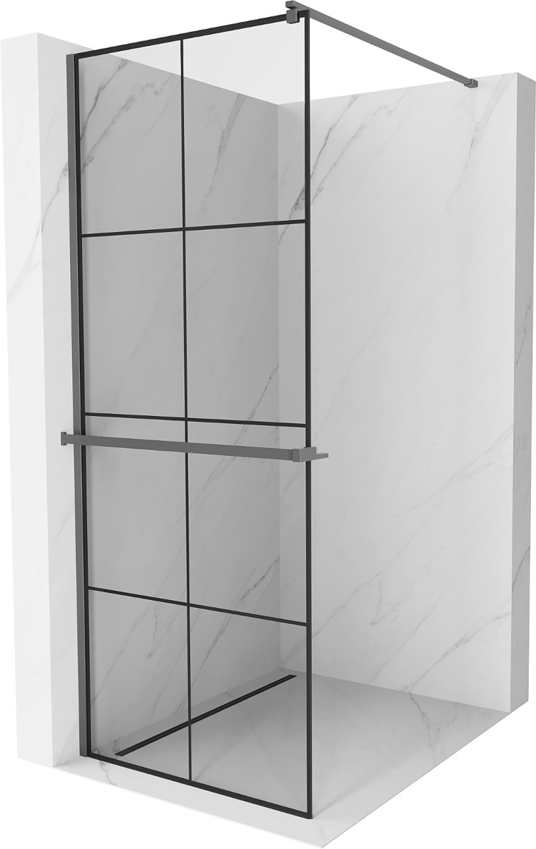 Mexen Kioto+ ścianka prysznicowa z półką Walk-in 80 x 200 cm, czarna kratka, gun metal - 800-080-121-95-77
