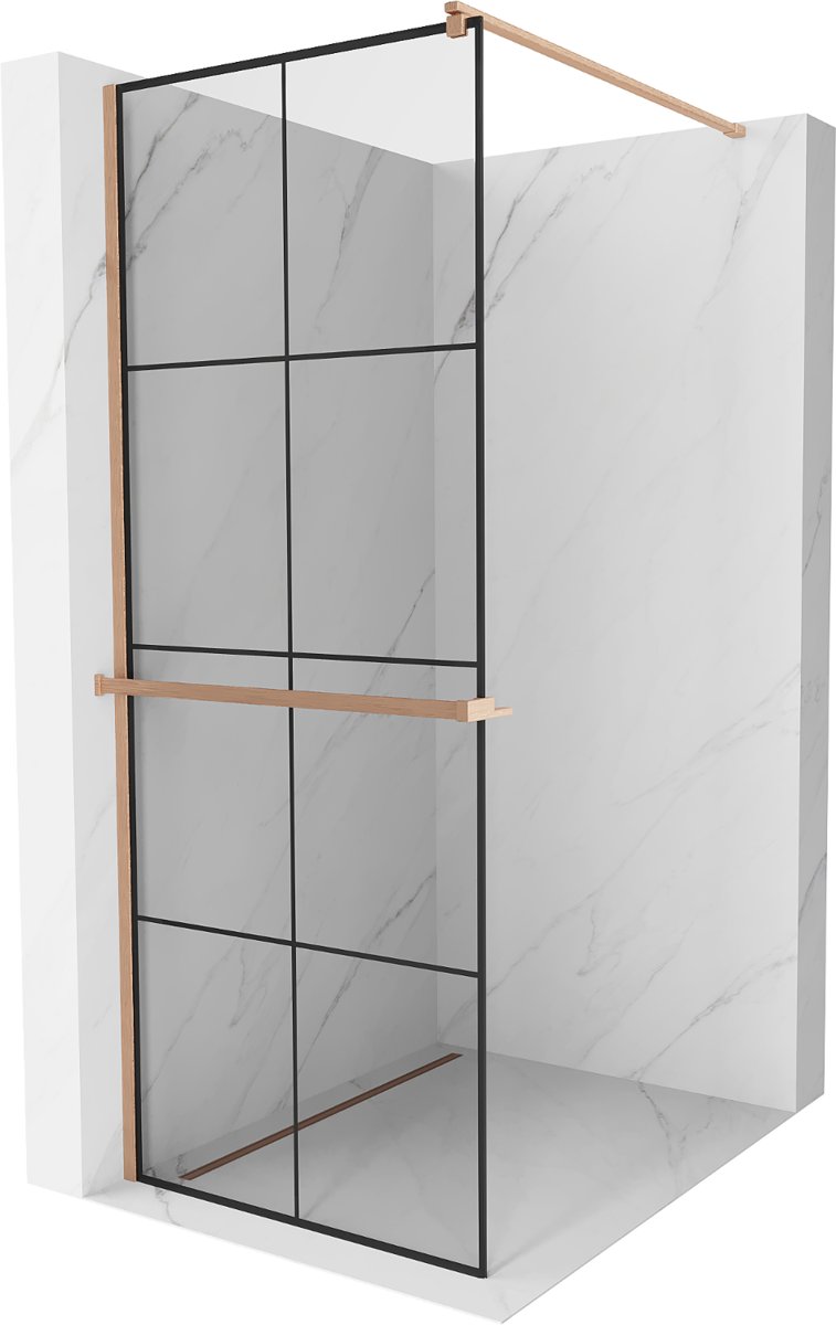 Mexen Kioto+ ścianka prysznicowa z półką Walk-in 80 x 200 cm, czarna kratka, miedź szczotkowana - 800-080-121-65-77