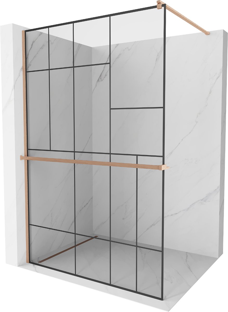 Mexen Kioto+ ścianka prysznicowa z półką Walk-in 80 x 200 cm, czarny wzór, miedź szczotkowana - 800-080-121-65-78