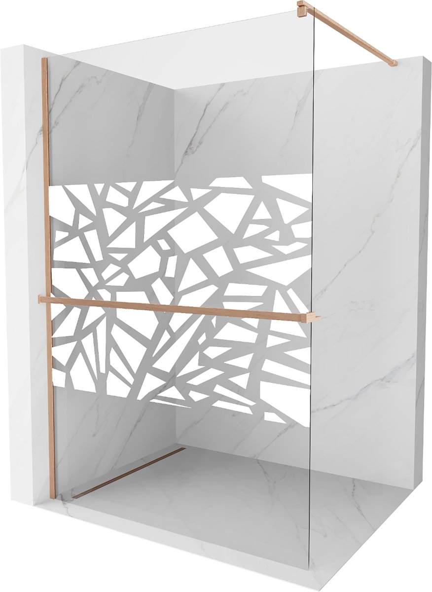 Mexen Kioto+ ścianka prysznicowa z półką Walk-in 90 x 200 cm, biały wzór, miedź szczotkowana - 800-090-121-65-85