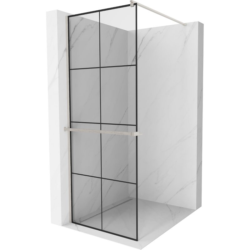 Mexen Kioto+ ścianka prysznicowa z półką Walk-in 90 x 200 cm, czarna kratka, nikiel szczotkowany - 800-090-121-97-77