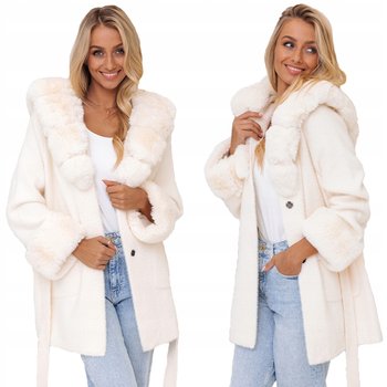 Mięciutka Alpaka Z Futerkiem Płaszcz Z Paskiem Ecru - Soprato