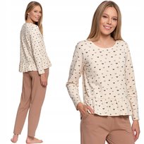 Miękka Bawełniana Piżama Damska Z Falbanką I Długim Rękawem Beż Moraj L Beige