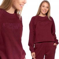 MIĘKKA BLUZA DAMSKA DRESOWA BEZ KAPTURA BAWEŁNIANA Z NADRUKIEM MORAJ 2XL WINE RED