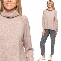 MIĘKKI CIEPŁY LUŹNY SWETER DAMSKI Z GOLFEM WYDŁUŻONY TYŁ MORAJ BEŻOWY L/XL BEIGE MELANGE