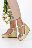 Miętowe sandały skórzane espadryle na koturnie z kryształkami PRODUKT POLSKI Casu 2490-41