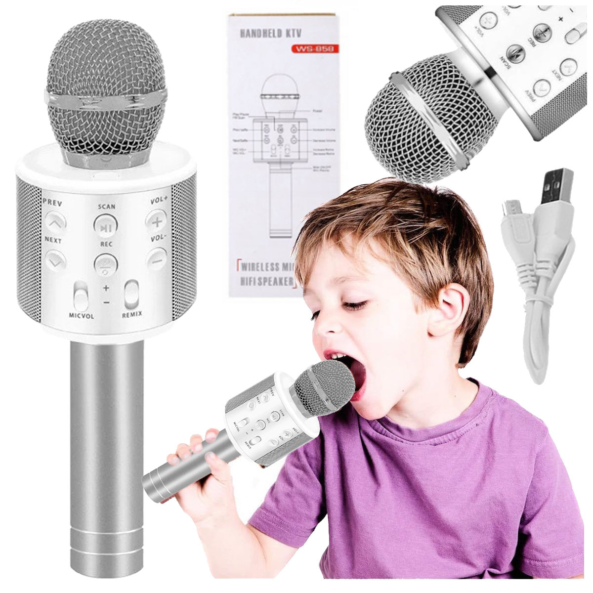 Фото - Портативна колонка Mikrofon Bezprzewodowy Karaoke - Bluetooth Głośnik Srebrny G242s