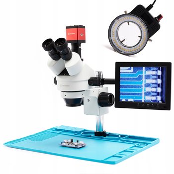 Mikroskop stereoskopowy trinokularowy Techrebal 10HT-FHD2MPR-48X32 7-45X z kamerą ”Red Lagoon” FULL HD HDMI 2,0MP oświetleniem LED oraz metalową bazą i silikonową matą - Techrebal