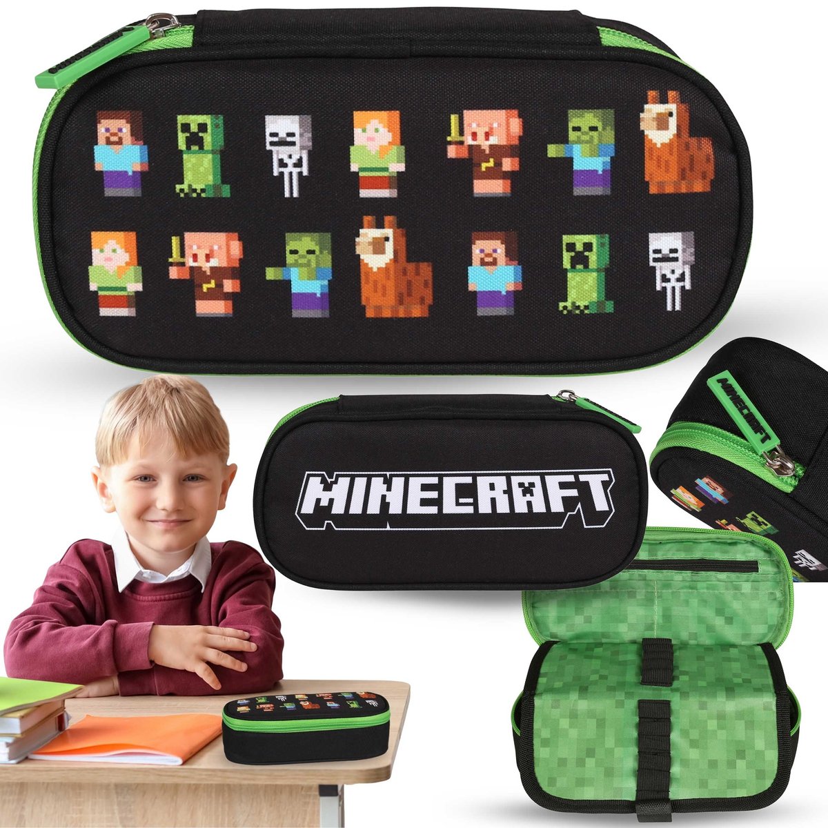 Minecraft Czarny KOMOROWY piórnik szkolny DLA GRACZA, saszetka OWAL dla ...