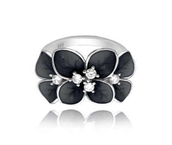 MINET Czarny kwiecisty pierścien srebrny FLOWERS z białymi cyrkoniami wielkość 15 - Inna marka