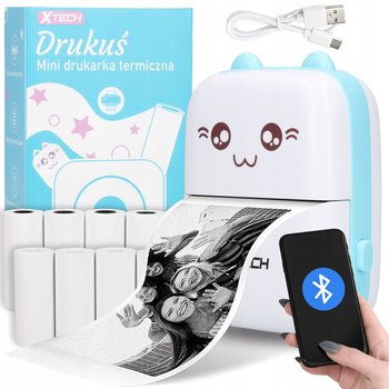 MINI DRUKARKA TERMICZNA KOT NIEBIESKI XTECH + 11 ROLEK PREZENT - Xtech