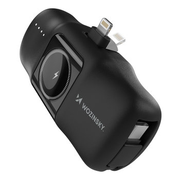 Mini powerbank Wozinsky WF16-YLS 5000mAh 15W Lightning z wbudowanym kablem USB-C i ładowarką do Apple Watch - czarny - Wozinsky
