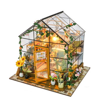 Miniaturowy domek DIY Drewno Składany zestaw - Kolorowa szklarnia LED - HABARRI