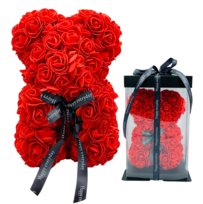 Miś Z Kokardką Z Piankowych Róż W Prezentowym Pudełku Ze Wstążką 30 X 18 X 18 Cm Miś 24 X 17 X 17 Cm  Kolor Czerwony