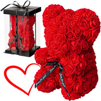 MIŚ Z RÓŻ CZERWONY  z kwiatów w pudełku 25 cm – Walentynki, Dzień Kobiet