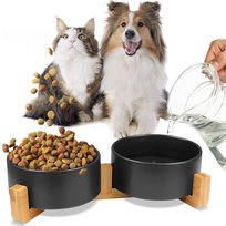 Miska ceramiczna podwójna drewniana dla psa i kota GERDA czarna 2x400ml