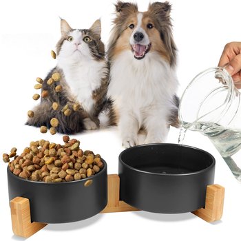 Miska ceramiczna podwójna drewniana dla psa i kota GERDA czarna 2x400ml - Mersjo