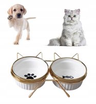 Miska Dla Psa Kota Podwójna Ceramiczna Biała Złota Zestaw Misek na Stojaku (M7)