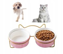 Miska Dla Psa Kota Podwójna Ceramiczna Na Stojaku Różowa Złota Zestaw Misek (M3)