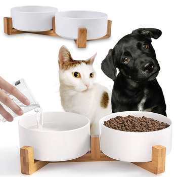 Miski Na Stojaku Dla Psa Podwójna Miska Ceramiczna Biała 2X400Ml - ZooVentus