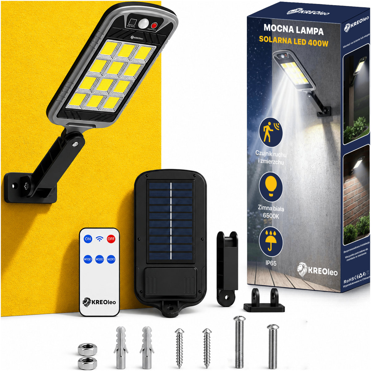 MOCNA LAMPA SOLARNA LED 400W ULICZNA Z CZUJNIKIEM ZMIERZCHU I RUCHU PILOT