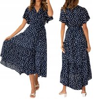 Modna Kobieca Sukienka Damska W Groszki Długa Maxi Kopertowa Wiązana Dekolt Rozmiar Uniwersalny