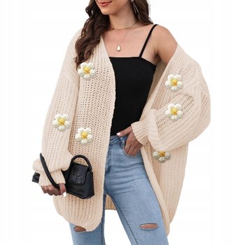 Modny Sweter Damski Kardigan Beżowy Beige W Kwiaty 3D Uniwersalny