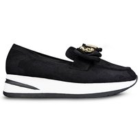 Mokasyny Zamszowe Modne Stylowe Ozdobione Wsuwane Eleganckie Skórzane Z Ekologicznej Skóry Na Niskim Koturnie Damskie Czarne Z Ozdobą Wonder 40 Permani