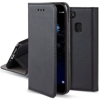 Moozy Etui z klapką do Huawei P10 Lite, czarne - Inteligentne etui z klapką magnetyczną z uchwytem na kartę i stojakiem - MOOZY