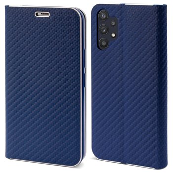 Moozy Etui z portfelem do Samsung A32 5G, ciemnoniebieskie włókno węglowe – etui z klapką z metalowym obramowaniem, zamykane na magnes, z uchwytem na kartę i funkcją podpórki - MOOZY
