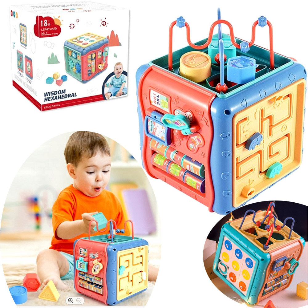 MULTI KOSTKA ZABAWKA SENSORYCZNA SORTER KLOCKI ZEGAR PREZENT DLA ...