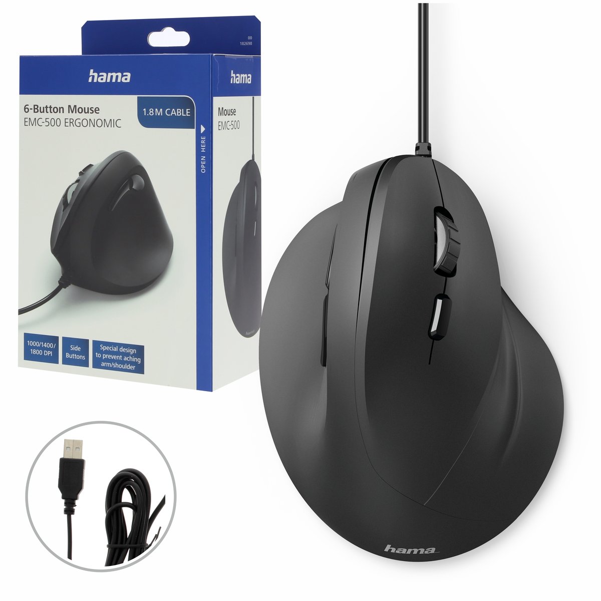 Myszka przewodowa na kablu ergonomiczna Hama EMC-500 mysz 1800 DPI pionowa