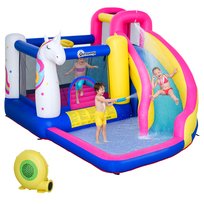 Nadmuchiwany park wodny Outsunny 5 w 1 z dmuchawą, zjeżdżalnią wodną, ​​brodzikiem, trampoliną i koszem do koszykówki dla dzieci w wieku 3-8 lat, do użytku wewnątrz i na zewnątrz, 360 x 305 x 210 cm