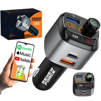 Najmocniejszy Transmiter Bluetooth Fm Samochodowy Ładowarka 36W Qc3.0 USB-C Zestaw Głośnomówiący - DexXer