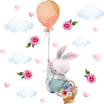 Naklejka na ścianę dla dziewczynki - królik z balonem i kwiatami - MagicalRoom