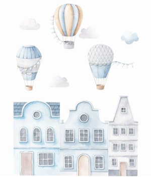Naklejka na ścianę pastelowe balony domki chmury - Dekochmurka