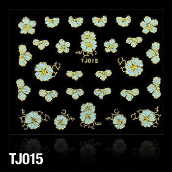 Naklejki 3D - Kwiatki TJ015 miętowe ze złotą obwódką - arkusz - AllePaznokcie