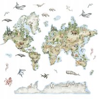 Naklejki na ścianę dla dzieci mapa świata zwierzęta akwarela XL