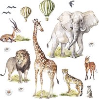 Naklejki na ścianę do pokoju dziecięcego - żyrafa, słoń, lew i dzikie zwierzęta Afryki