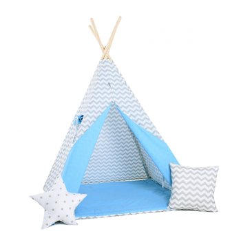 Namiot tipi dla dzieci, bawełna, okienko, poduszka, niebiański zygzak - Sówka Design