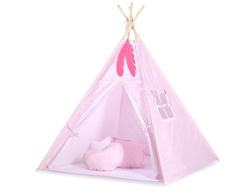Namiot TIPI dla dzieci + mata + poduszki + zawieszki pióra - Białe grochy na różu - Bobono