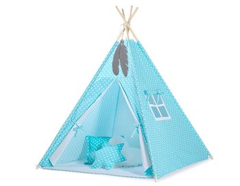 Namiot TIPI dla dzieci + mata + poduszki + zawieszki pióra - Białe grochy na turkusie - Bobono