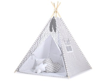 Namiot TIPI dla dzieci + mata + poduszki + zawieszki pióra - Chevron szary - Bobono