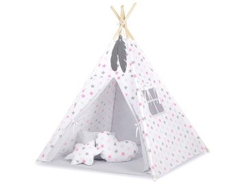 Namiot TIPI dla dzieci + mata + poduszki + zawieszki pióra - Gwiazdy różowo-szare/szary - Bobono