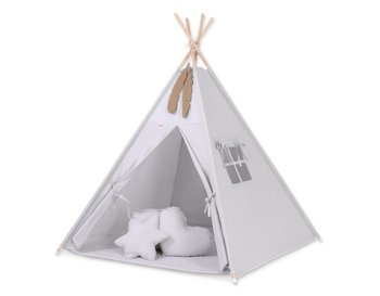 Namiot TIPI dla dzieci + mata + poduszki + zawieszki pióra - szary - Bobono