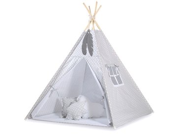 Namiot TIPI dla dzieci +mata + zawieszki pióra - Białe grochy na szarym - Bobono